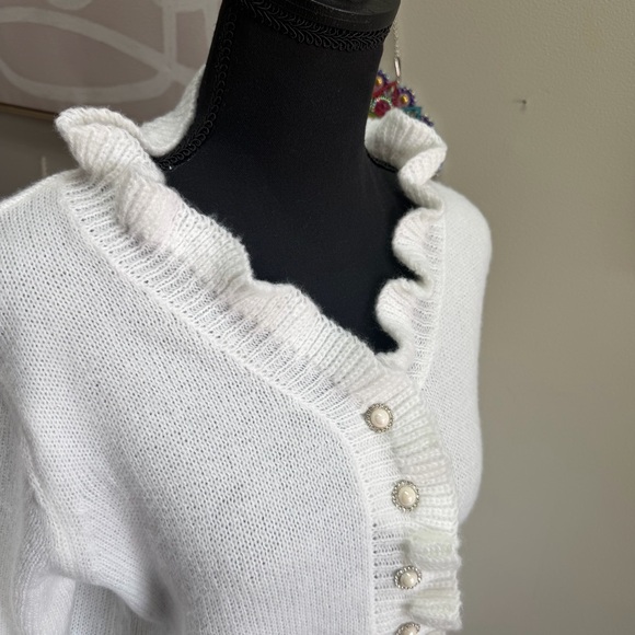 White Ruffled Button-Up Sweater - Picture 3 of 6